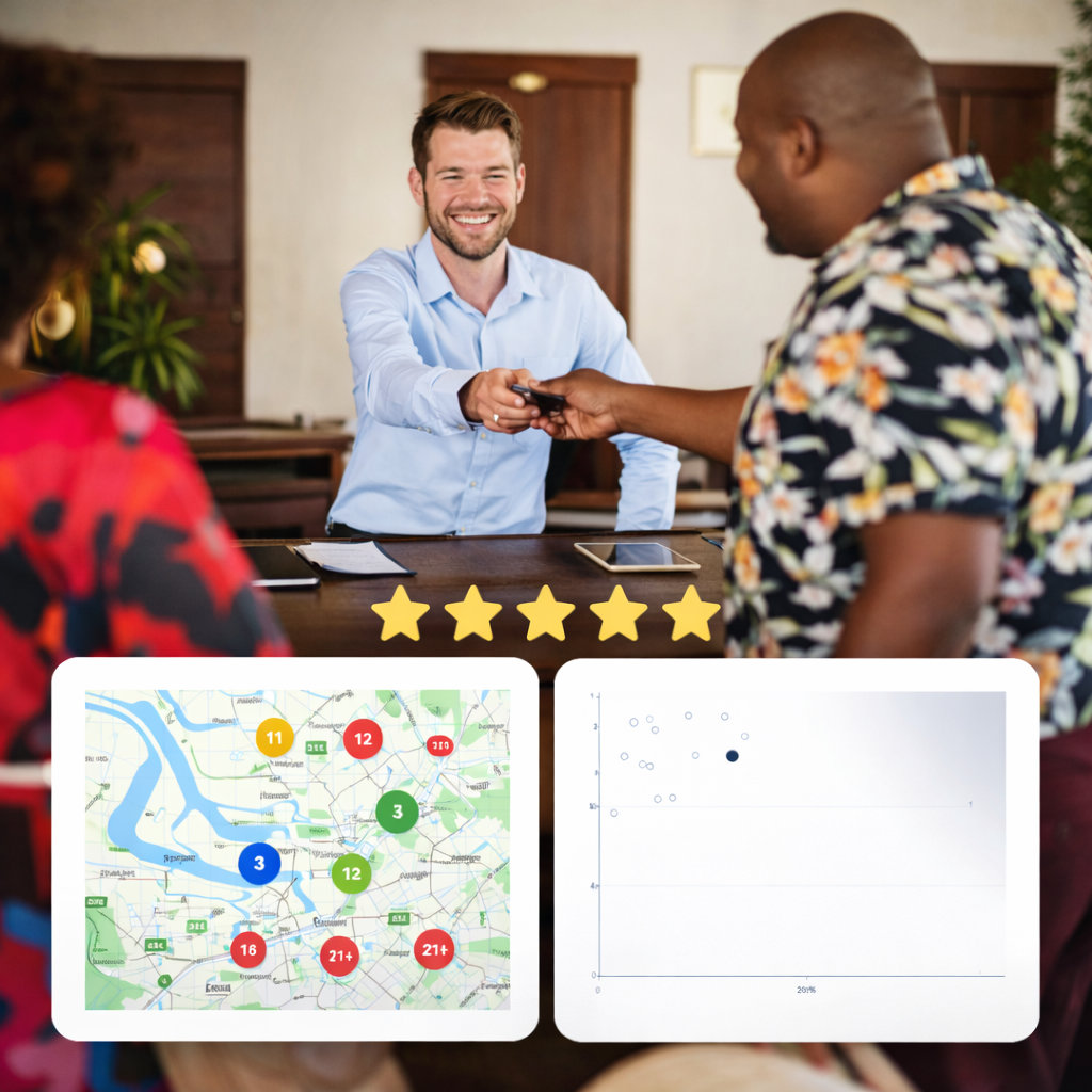 Lächelnder Mann im blauen Hemd übergibt einen Schlüssel an einen anderen Mann im Blumenhemd, darunter eine Fünf-Sterne-Bewertung und zwei Diagramme.