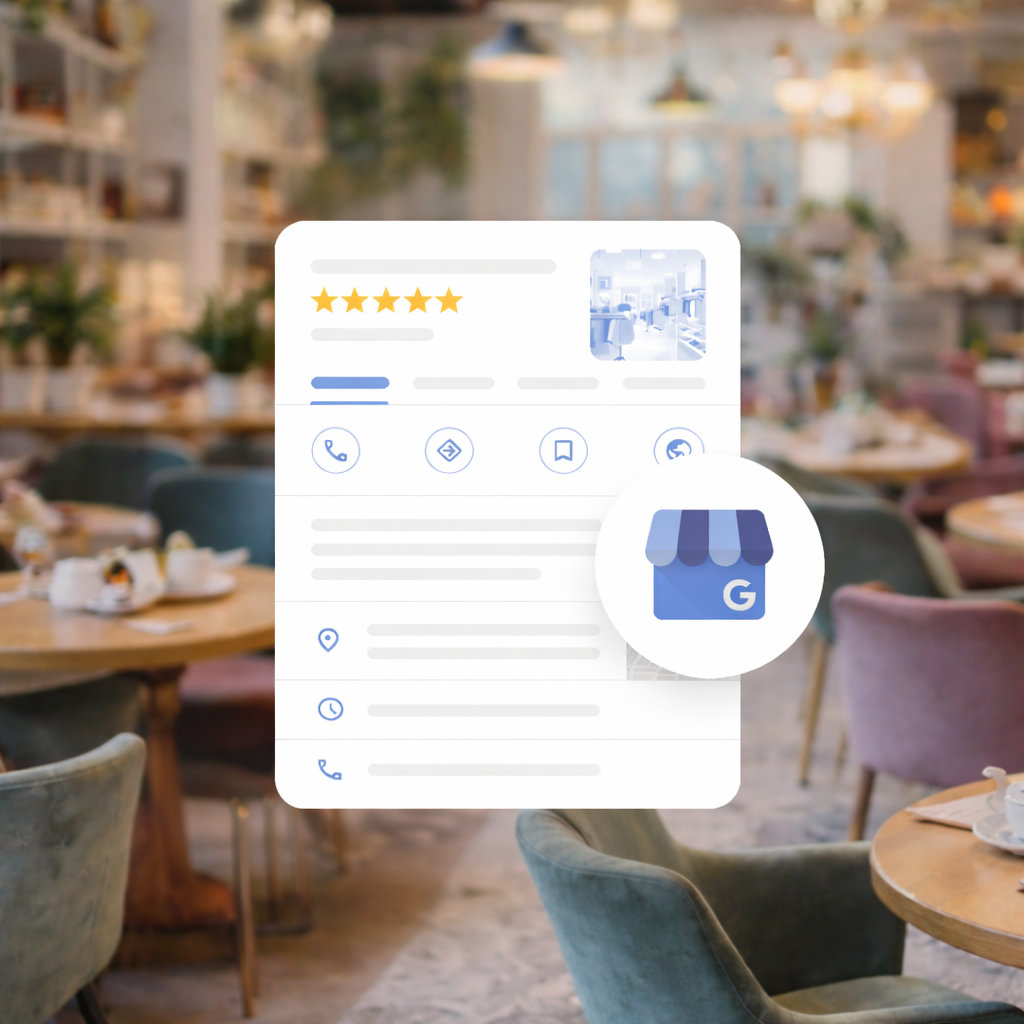 Unscharfes Café-Interieur mit einem überlagerten Google Unternehmensprofil-Interface, das eine 5-Sterne-Bewertung und Geschäftsdetails zeigt.