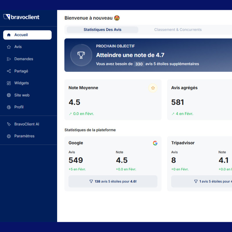 BravoClient-Dashboard mit einer Durchschnittsbewertung von 4,5 aus 581 Bewertungen, mit detaillierten Statistiken von Google und Tripadvisor.