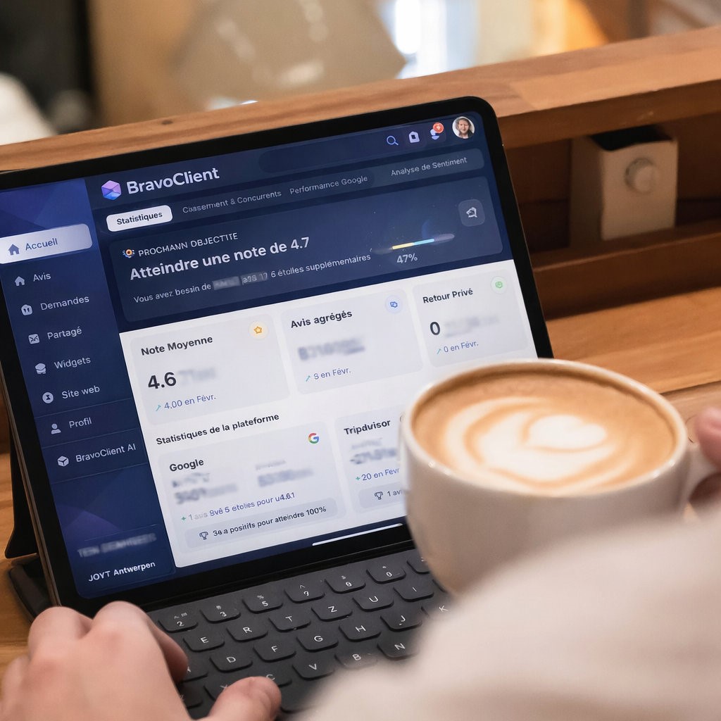 Person nutzt ein Tablet mit geöffnetem BravoClient-Dashboard mit Statistiken und Bewertungen, hält eine Tasse Kaffee mit Latte Art.
